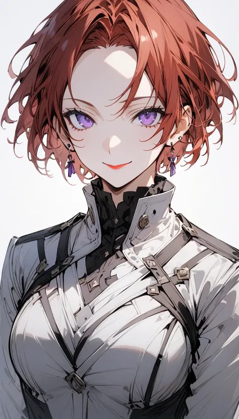 {{masterpiece}},((White background)),((from front)) , portrait、 cowboy shots、 Attention to Details 、1 adult female、medium breasts、 perfect proportions、Reddish brown hair、pixie cut、Purple Eyes、forehead, parted bangs、Cheerful smile、 closed mouth 、Overcoat、Bl...