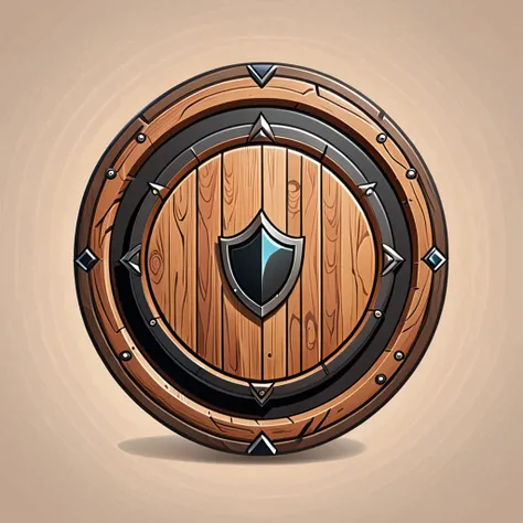 A clean and minimalist cartoon-style wooden shield icon designed for a game, featuring bold black outlines and flat colors. The shield has a round shape made of textured wood planks in warm brown tones, reinforced with a metallic rim in a dark silver color...