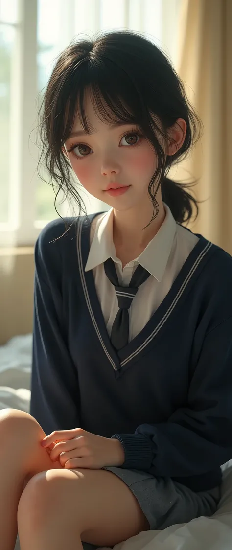  one girl，(とてもcute女子高生:1.3)，masterpiece， best quality， high definition ，((( photorealistic showing the subject from directly above:1.4)))， RAW Photos， ray tracing ， physics-based rendering， pretty girl，(Age 15:1.4)，cute，A faint smile，(detailed pupils:1.2)，...