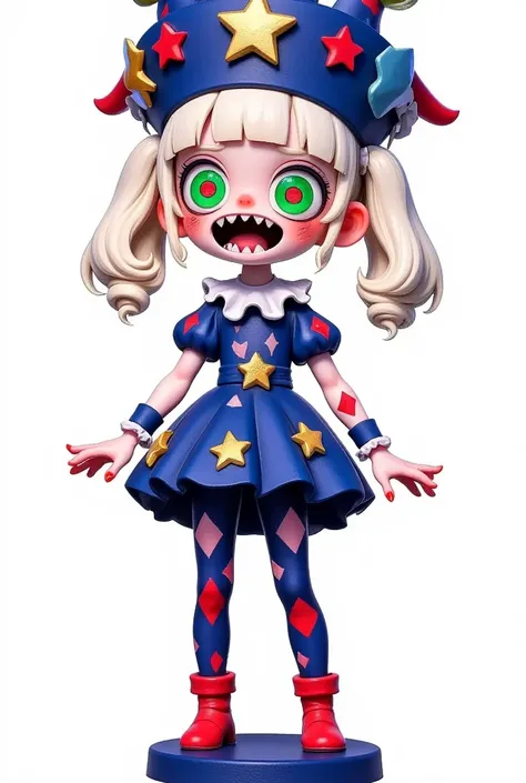 A cute chibi girl harlequin character in an elegant pose, wearing shoes with red and blue details, standing on the base of her figurine. She has white hair and green eyes, dressed in navy blue attire adorned with stars and diamonds. The background is plain...