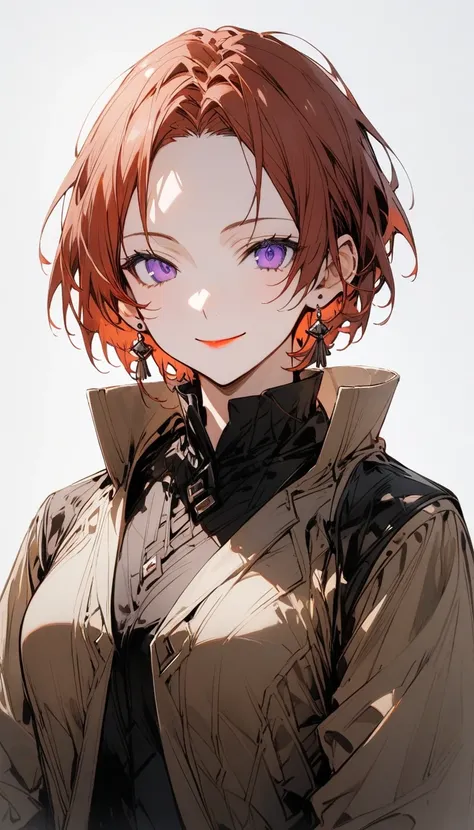 {{masterpiece}},((White background)),((from front)) , portrait、 cowboy shots、 Attention to Details 、1 adult female、medium breasts、 perfect proportions、Reddish brown hair、pixie cut、Purple Eyes、forehead, parted bangs、Cheerful smile、 closed mouth 、Beige coat、...