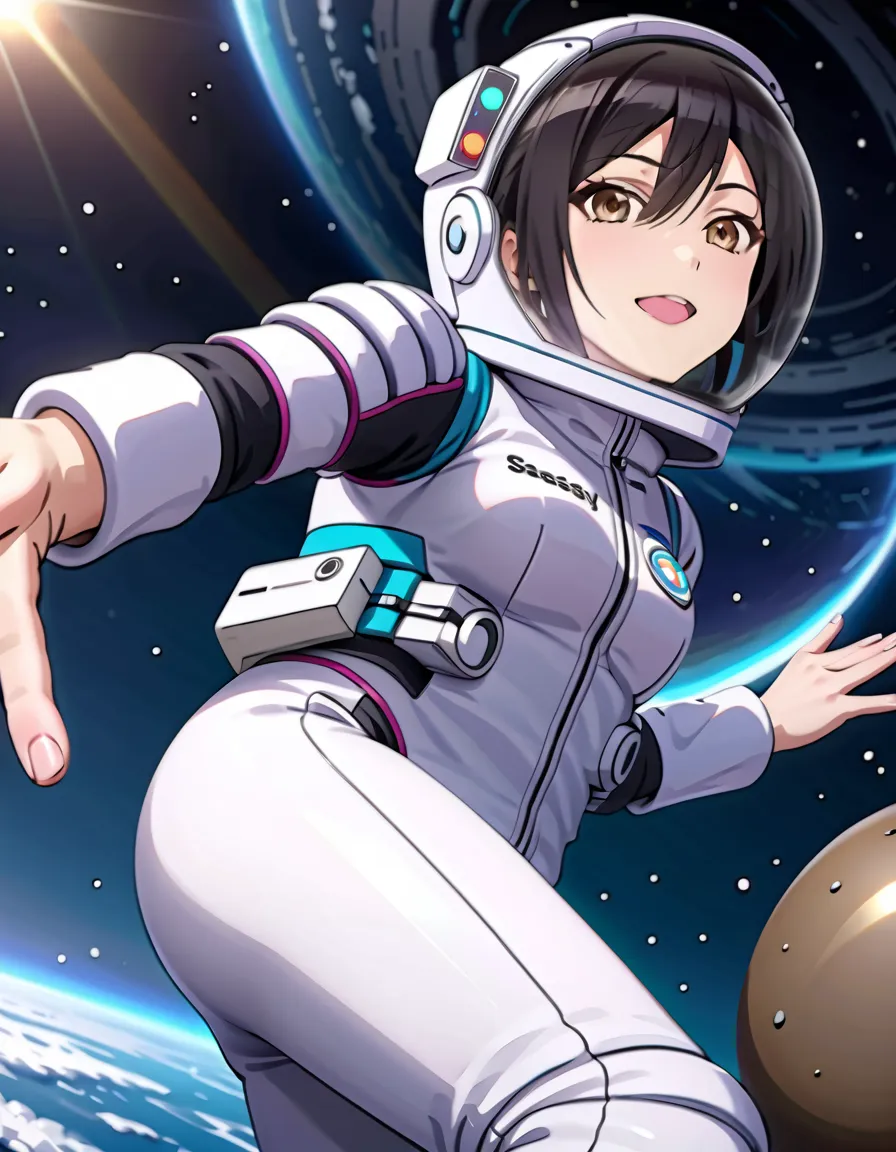 (spacesuit:1.15), white cargo pants, astronaut)bubble helmet, space helmet, white gloves , , looking close at you, outer space, ...