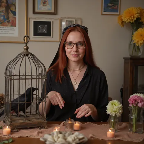 Ultra realistic. A woman with red hair and brown eyes is sitting at the table. The woman is wearing glasses. The woman has half a scarf in her hair. The womans age is in her 30s, there are candles and incense on the table. There is a bird cage on the table...