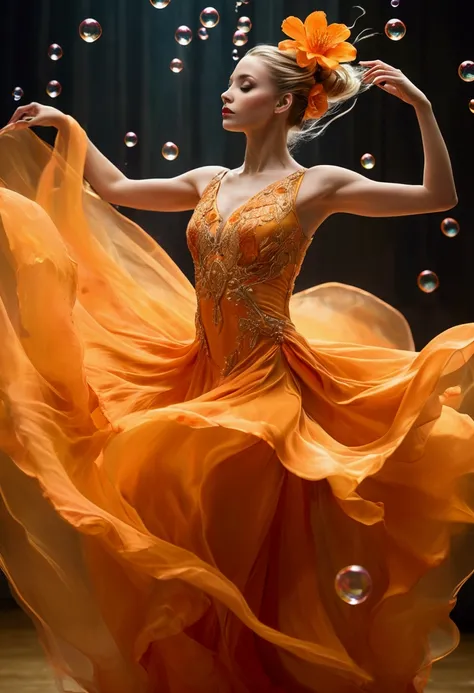 biomechanical yamer style style illustration beautiful tall woman, colorful melting ballroom dancer dancing in long luxury shining orange dress. extra long flying blonde hair, acrylic bubbles and orange flowers, ferrofluids, water distortions. looking up, ...