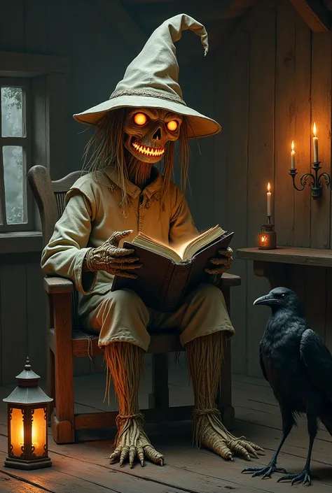 A tall skinny scarecrow with a head made of a canvas sack and straw hair, having a small sewn mouth, with small fiery eyes, also having an orange light in its mouth, wearing a pointed hat with wide brims as well as old damaged clothes, sitting on an old wo...