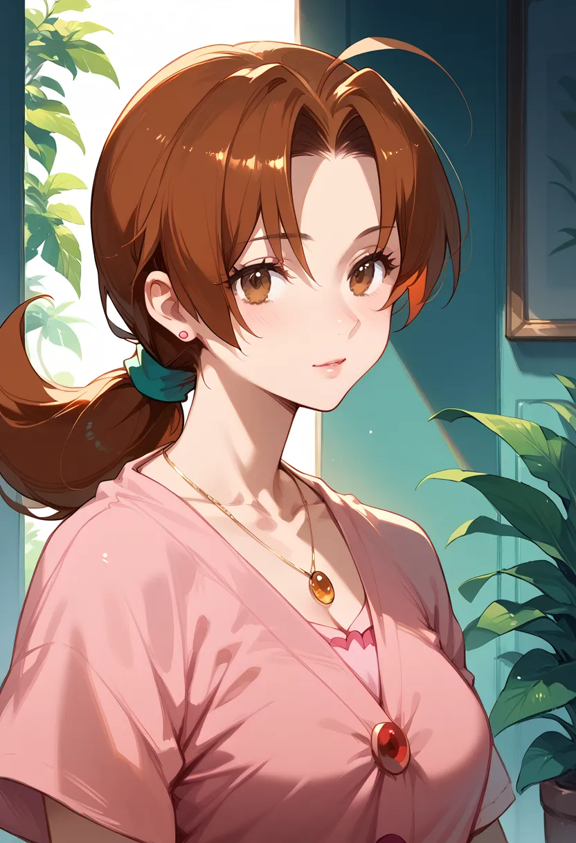 (delia ketchum, mature body,brown hair, brown eyes , shiny skin)