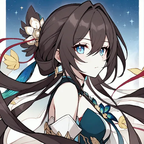 A Honkai Star Rail character, 22 years-old, woman, long straight dark blue and green hair, hair tied loosely at the ends , asymetric fringe, blue eyes with green pupil, she wears a long cocktail blue dress with peacock feathers. She wears a feather peacock...