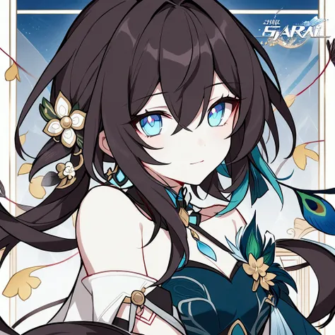 A Honkai Star Rail character, 22 years-old, woman, long straight dark blue and green hair, hair tied loosely at the ends , asymetric fringe, blue eyes with green pupil, she wears a long cocktail blue dress with peacock feathers. She wears a feather peacock...