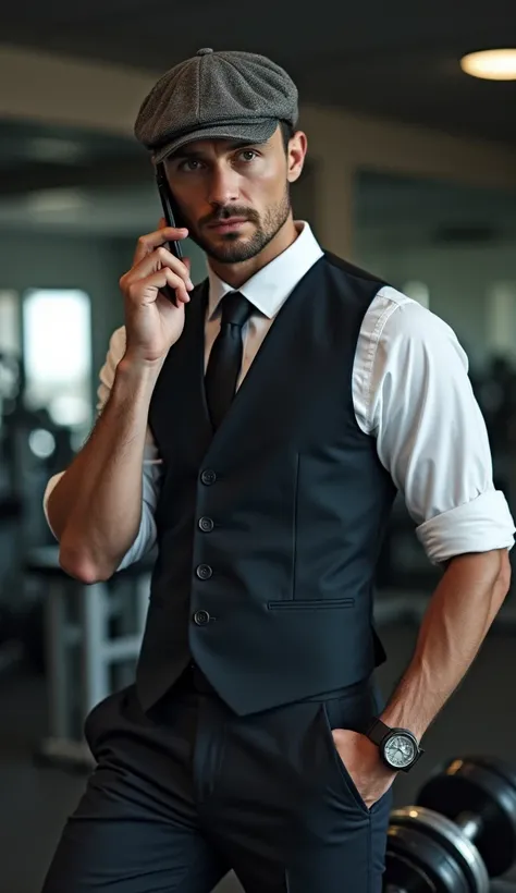  Man in formal suit with vest and white shirt,  retro cap on his head .  He is standing in the gym ,  leaning his foot on a stand with heavy dumbbells .  The man keeps his phone near his ear , looking confident ,  with a serious expression on his face . Th...