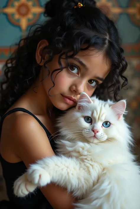 [girl, beautiful crystal blue eyes, Black curly hair tied up, Hugging her beautiful fluffy white Persian cat，and put your head on it.
 Moroccan tiles background , high detail, Volumetric light, 【8k, dull colors, Soft colors, bright and vivid, black satin, ...