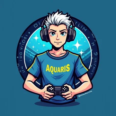 Create a logo : aquarius zodiac as a white male gamer 