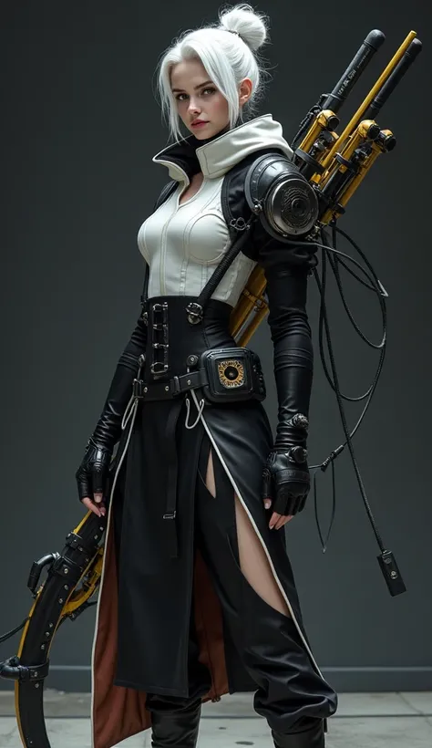  Digital illustration or photograph of a woman costing a character from a video game or anime .  It seems to be shooting fashion or the promotional campaign .  - The woman : Dia mengenakan pakaian putih dan hitam  with futuristic design .  She has white ha...