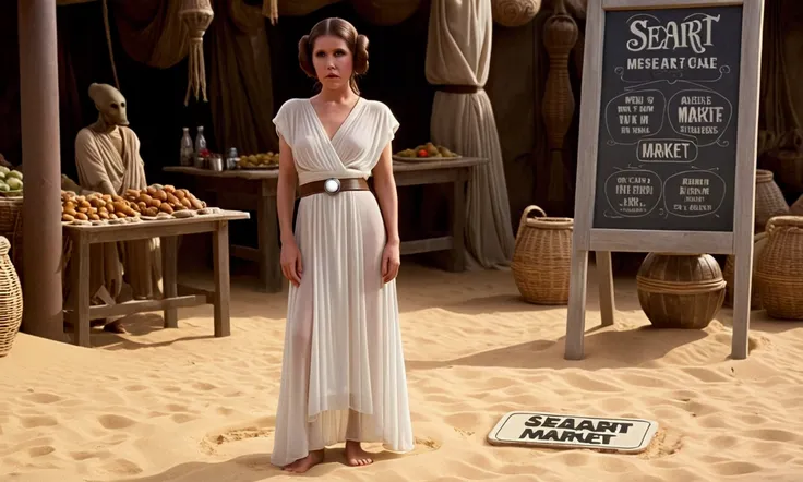 Princess Leia iconic sexy white sheer dress, barefoot, cute) slightly annoyed, alien market place with sand floors, SEAART written on signs near her, SEAART written clearly along bottom of screen
