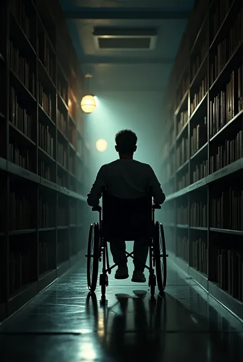 1.A 28-year-old young man in a wheelchair walks along a small corridor and enters a dimly lit library room.