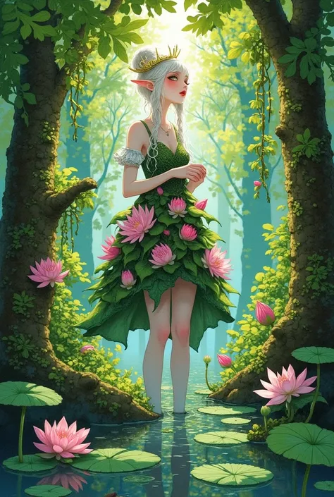 A beautiful elf in an elegant dress made of pink lotus flowers and green leaves stands on her feet with long, thin legs like slender trunks. She wears a crown shaped as delicate golden thorns, and she is standing gracefully in the middle of a swamp surroun...