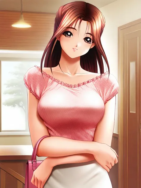 masterpiece, best quality, good quality, KitajimaMoena, KitajimaMoena, KitajimaMoena, KitajimaMoena, KitajimaMoena, 1girl, solo, brown hair, long hair, brown eyes, large breasts, Feminine with flare,
A feminine outfit with a flared silhouette skirt and a s...