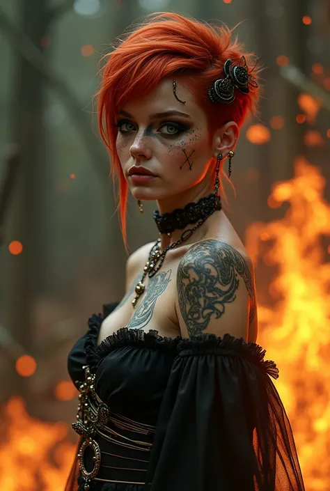 girl,  very short red hair  ,  green eyes,  dark makeup ,  moon tattoos , piercings,  wiccan witch costume , half torso ,  background with bursts of fire