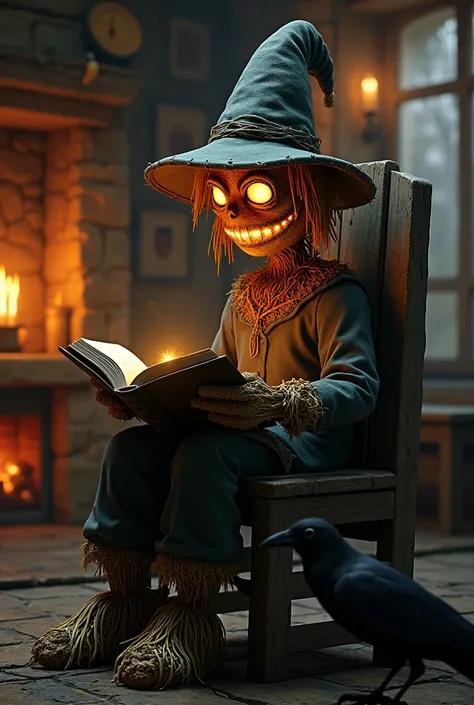 A large, skinny scarecrow with a head made of a canvas sack and straw hair, having a small sewn-on mouth, with small fiery eyes, also having an orange light in its mouth, wearing a pointed hat with very wide brims as well. nothing but old, damaged clothes,...