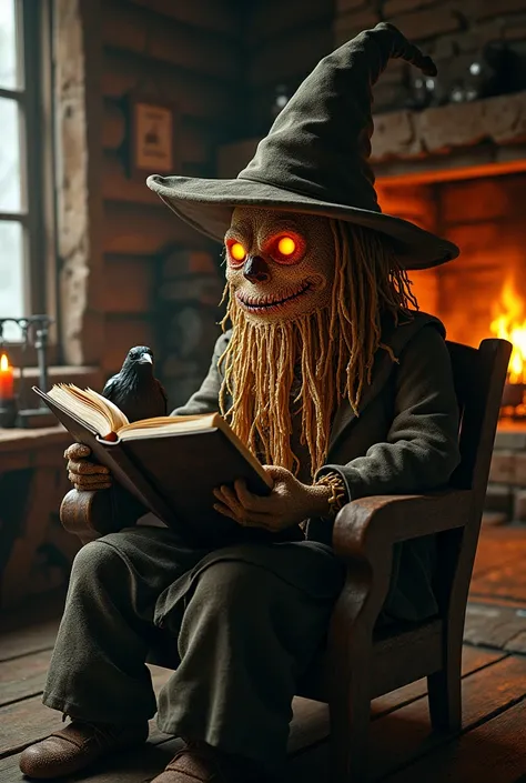 A large, skinny scarecrow with a head made of a canvas sack and straw hair, having a small sewn-on mouth, with small fiery eyes, also having an orange light in its mouth, wearing a pointed hat with very wide brims as well. nothing but old, damaged clothes,...