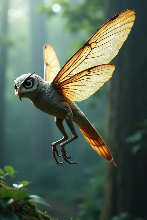  A creature with the delicate, intricate wings of a dragonfly and the sharp, observant eyes and silent flight of an owl. It would be a mysterious, stealthy, and agile hunter.