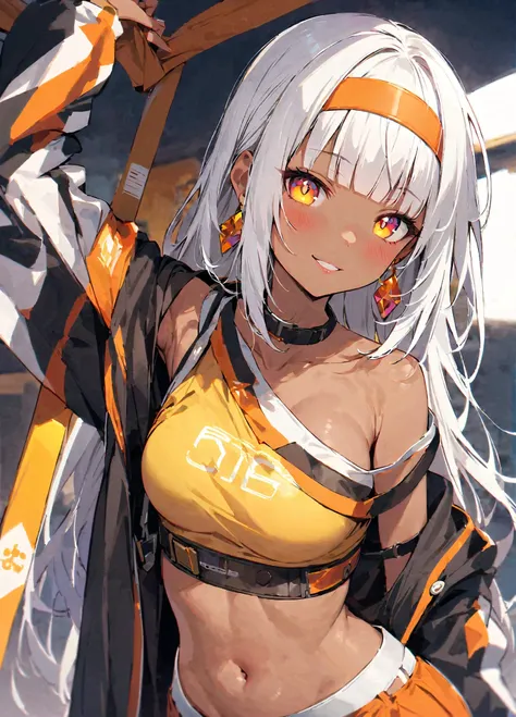 1girl, solo, jewelry, breasts, navel, long hair, looking at viewer, white hair, smile, blunt bangs, dark skin, earrings, parted lips, collarbone, dark-skinned female, upper body, symbol-shaped pupils, open kimono,
score_9, score_8_up, score_7_up, very aest...