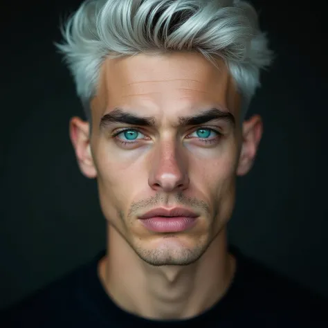 Handsome young man with silver hair and turquoise eyes, soft nose, wearing a black shirt, his features close to the screen