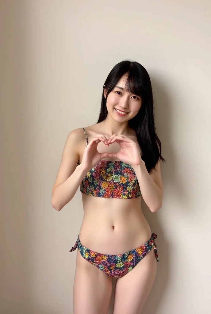 Only one woman with a cute smile is wearing a bikini swimsuit, making a big heart shape with both hands, and holding it in front of her chest, View above collarbone、The background is a monotone 、
