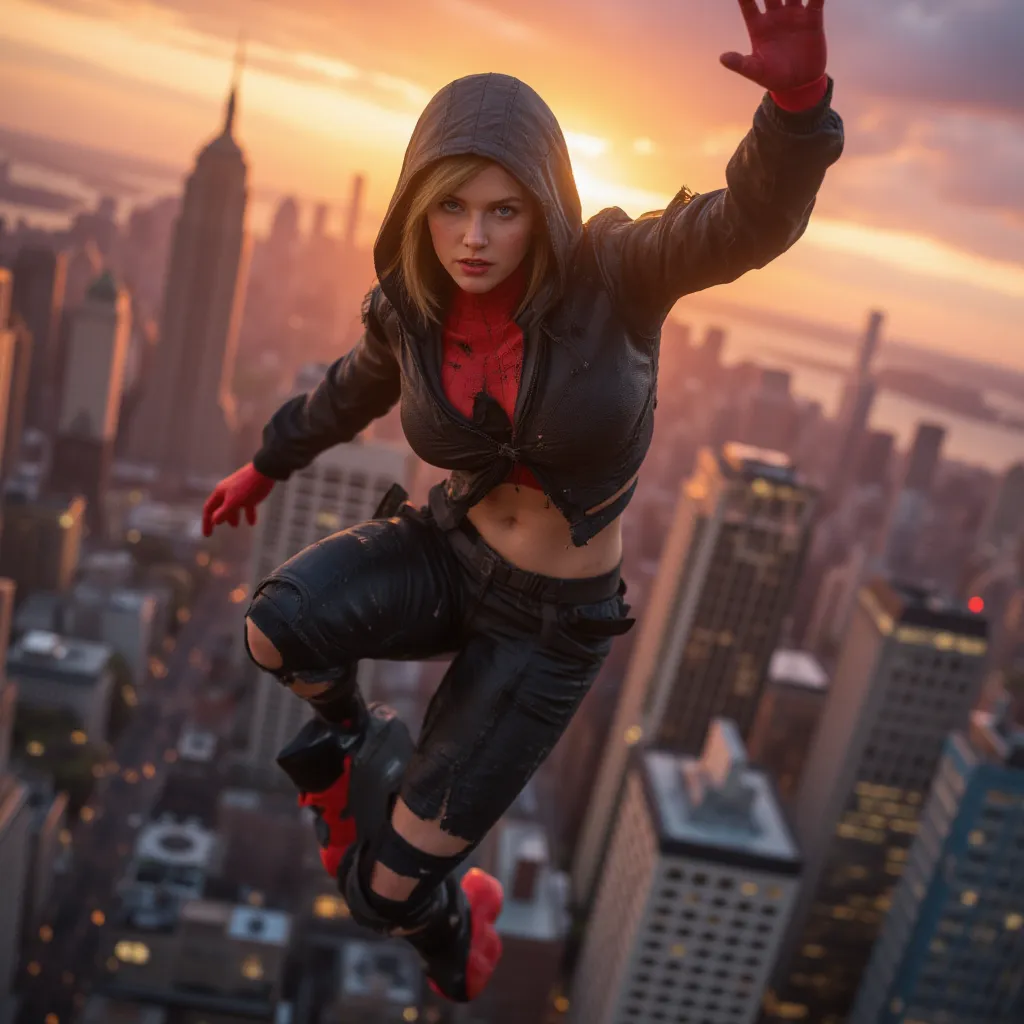 a woman floating through the air falling down over a cityscape, (looikng down view), spider gwen, wearing hood, (leaping pose), ...