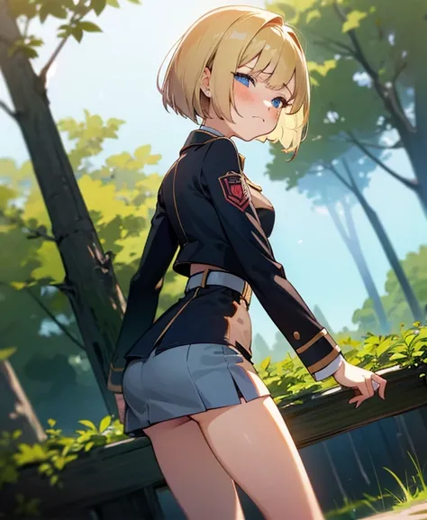  1 girl,  shortcut , Blonde,  blue eyes, Bob Hair,  Blushing ,  frowns, Awkward, uniform, miniskirt that snaps around the knee, Very Small Breasts ,The background is a forest, wide angle shot with lots of background,Rear view