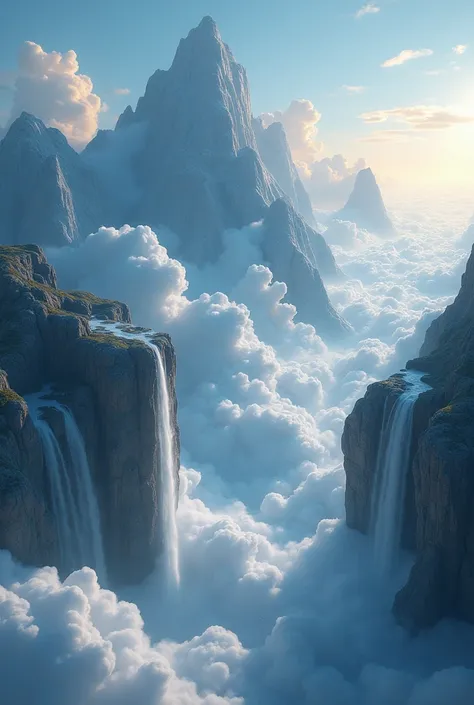 The floating mountains of Etheria  :  Rocky peaks levitate above a sea of clouds ,  surrounded by waterfalls that mysteriously disappear into the void.  The sky is dotted with twinkling lights that seem alive .