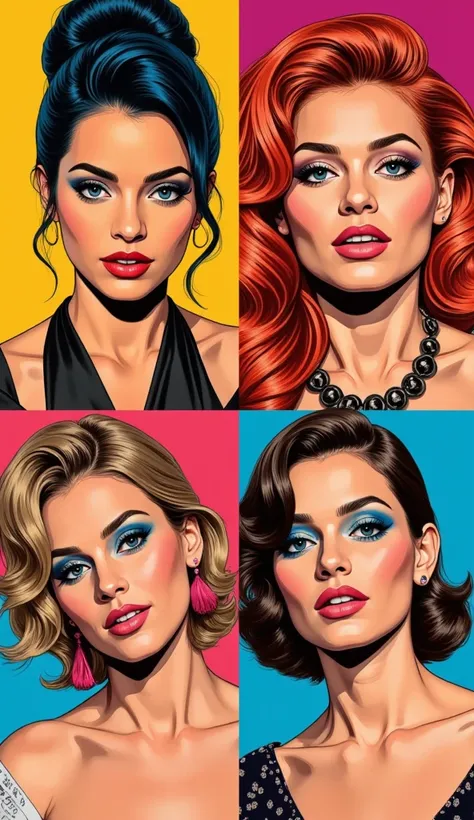 
Create a series of four elegant portraits of imaginary famous figures, blending elements of fantasy and pop art in a vibrant, avant-garde style. Each portrait should capture the essence of these fictional celebrities, showcasing their unique personalities...