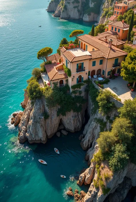  aerial view of an Italian-style villa,  on a cliff by the sea , similar to Portofino , with colorful houses . Image viewed from the sky ,  as taken from an airplane .