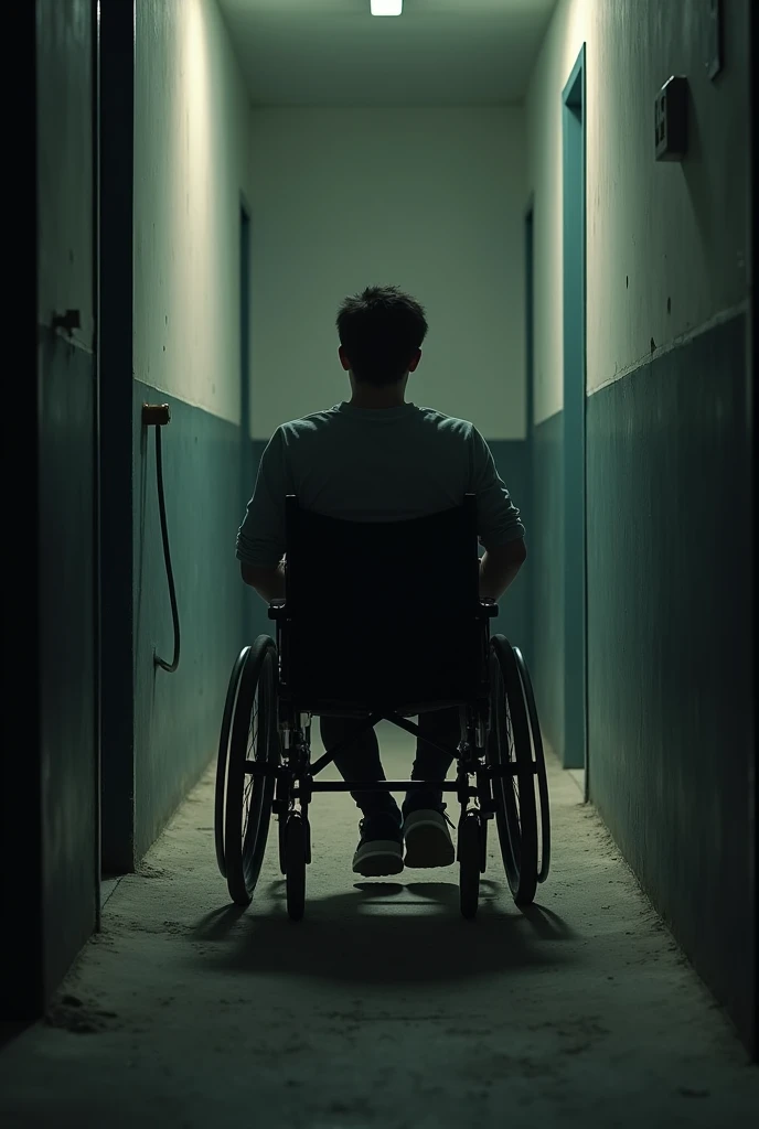 1.A 28-year-old young man in a wheelchair walks along a small corridor with dark dim lighting  

