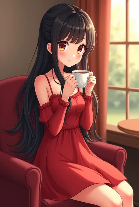  683 image * 2048 cartoon picture of a very beautiful girl wearing a red dress with long and soft black hair, smiling shyly and drinking a cup of coffee with love and tenderness while sitting drinking coffee with love and beauty
