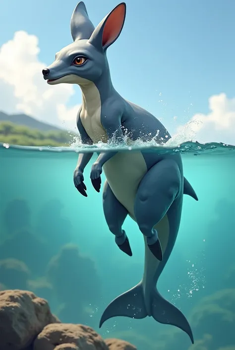 A hybrid that has the athletic legs and powerful jumping ability of a kangaroo, combined with the sleek body and playful nature of a dolphin. It could move effortlessly on land and in water.