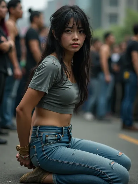 masterpiece, best quality, g0thicPXL, highres, realistic, best quality, score_9, score_8_up, score_7_up, a stunning Asian girl, protestors, (kneeling, tied arms behind her back:1.5), defiant side view, distressed expression, (breast,  slim waist, wearing a...