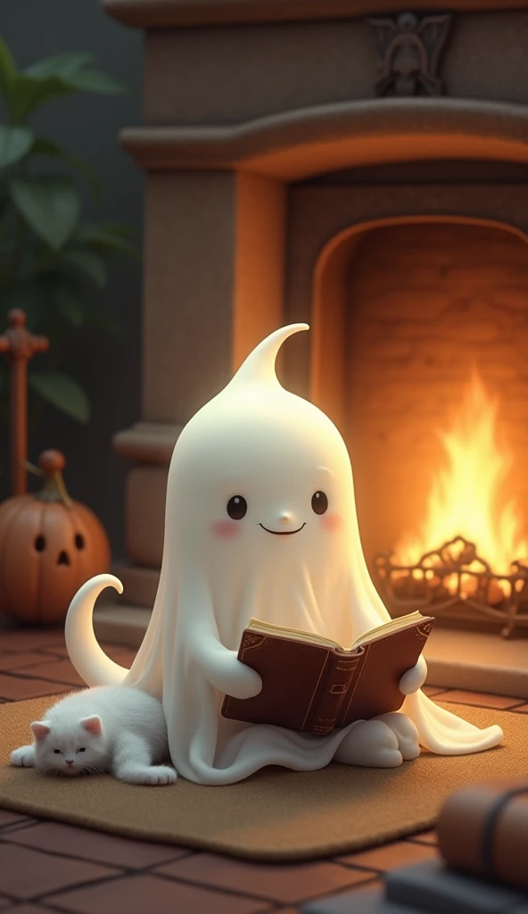 Cute little ghost sitting by the fireplace reading a book with a white fur kitten beside him.