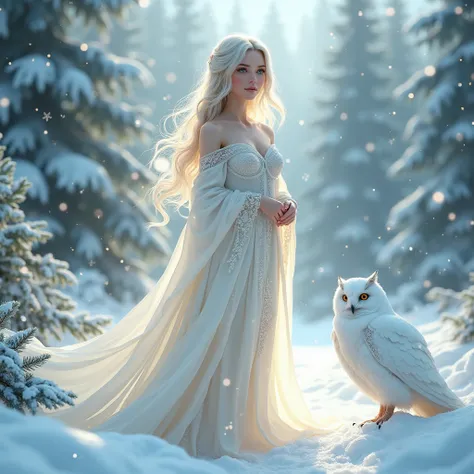 beautiful christmas goodess, white owl , christmas theme, snowy, 3d, anime, , unreal engine, 8k, hd