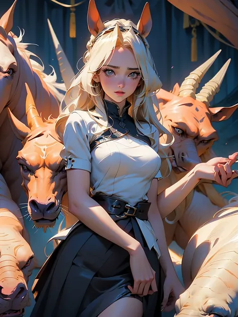 nsfw:1.3,Naked beautiful girl hold from behind by a creepy six-armed horse-shaped monster,(((doggy style,sex))),blonde hair,single braid,upward breasts,waist slender,((Monster with a horses head and  six-armed)),Tiara on the head,high resolution:1.3, incre...