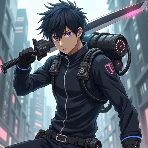 A male anime character holding a gun and a sword, a suit of inhalers