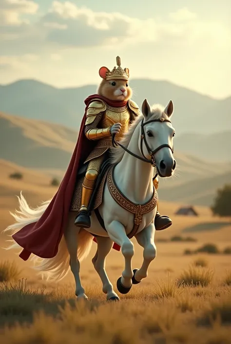 a realistic 3D cinematic character a guinea pig rider king dressed in golden armor on a white horse "guinea pig face" plain and hills background full distant view cavalry