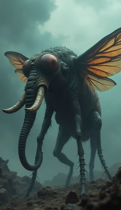 Create an image of a monstrous hybrid creature that combines features of an elephant and a fly, resulting in a frightening, otherworldly appearance. Blend the large, powerful body and tusks of the elephant with the multifaceted eyes, delicate wings, and se...