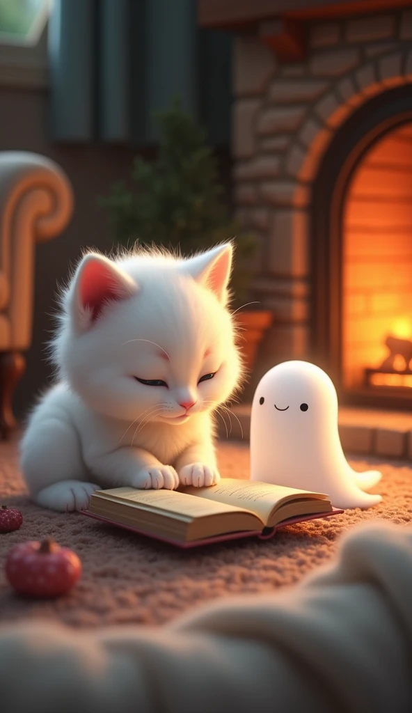 a white fur kitten sat near the fireplace reading a book, a cute little ghost was beside him.