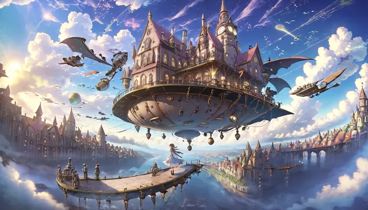 （Flying Elf Girl、up）、Floating steampunk city , Detailed architecture, Mysterious Technology,  Movie Lighting,  Dramatic Cloud  , 8k,  very detailed, Complex, beautiful,  Miyazaki style, Realistic, masterpiece, Professional,  bright color ,  Dramatic Writin...