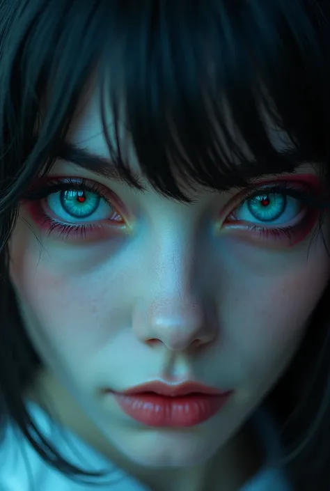 only show the eyes with cyan with pinkish-red eyeliner