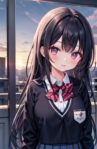 {masterpiece}, { best quality}, 1 girl,School_uniform,sunset, big chest、 long black hair 