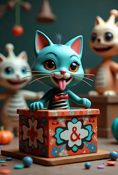 "A 3d whimsical and slightly eerie jack-in-the-box toy with a cats head popping out. The cat has blue head, button eyes, spring body, smiling with stick out tongue.  It wears a red bow tie.  The surrounding box and components feature intricate patterns, wi...