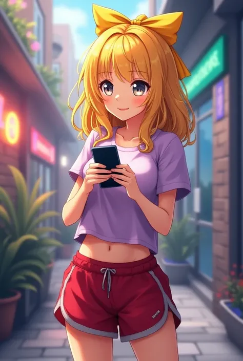 The golden-haired girl clad in a yellow bow, wearing a purple blouse, wearing red sports shorts, is playing crypto over the phone.