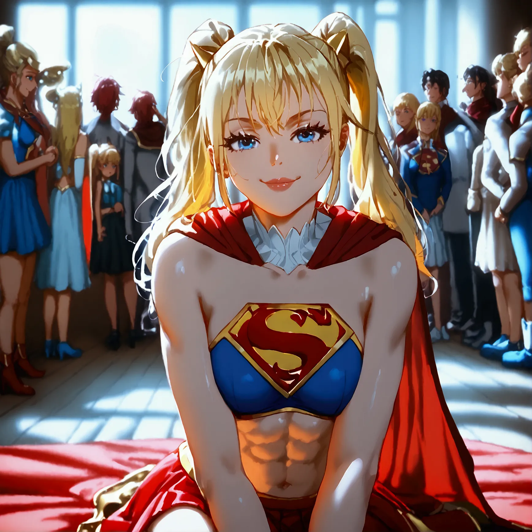 tall  supergirl, detailed, loli，golden  double ponytail hair, supergirl，huge breast，abs，very detailed，full body，red skirt，red hi...