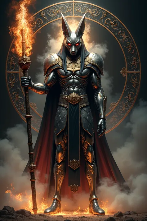  Bills god of destruction with a jackals head inspired by Egyptian mythology ,  wearing specific metallic armor with silver and black tones .  He holds a large incandescent golden scepter with details detailed in red and orange , emitting an aura of power ...